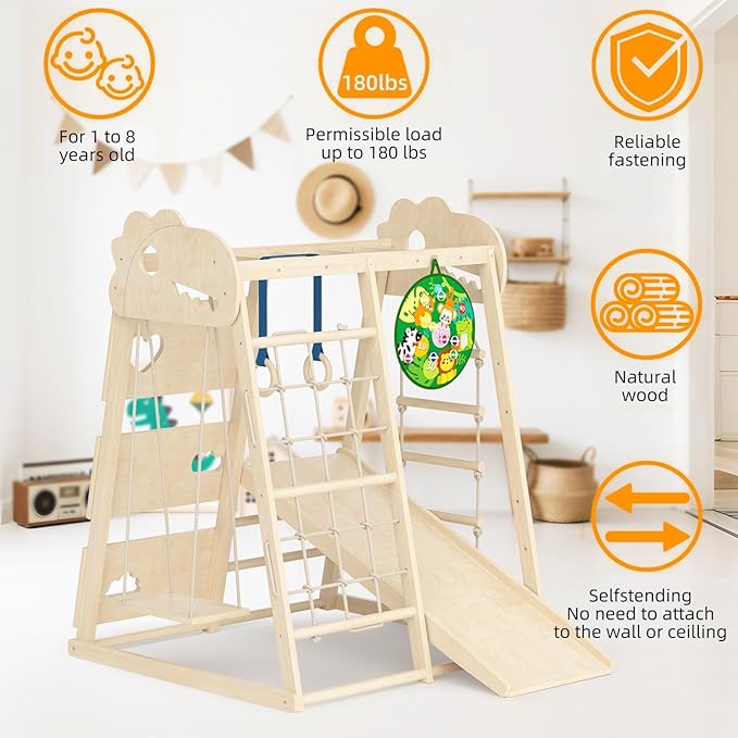 8-in-1 Indoor Playground, Indoor Jungle Gym for Kids, Wooden Montessori Climbing Toys with Rings, Slide,Rope Ladder, Monkey Bar, Climbing Net, Climbing Rock, Swing, Dart Board
