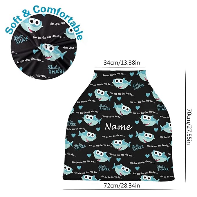 Personalized Cartoon Shark Baby Car Seat Cover for Boys Girls Newborn, Custom Baby Carseat Canopy with Name, Multiuse Nursing Covers, Infant Stroller Cover, Breastfeeding Scarf