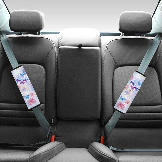 Rose Seat Belt Cushion Shoulder Strap Butterfly Car Seat Belt Holder 4 Piece Set Universal Flower Car Anti-Slip Shoulder Belt Protector for Cars Trucks SUVs Airplanes