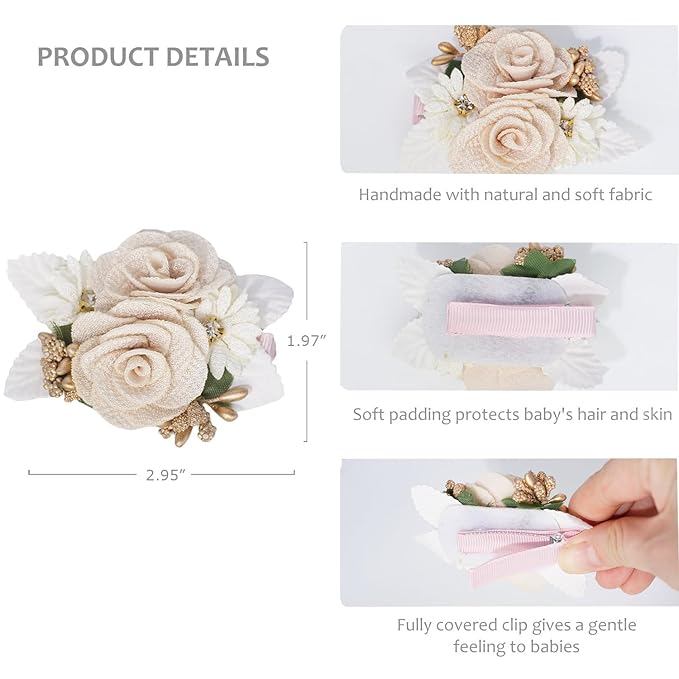 3pcs Girls Flower Hair Clips, Floral Hair Barrettes w/Boutique Fully Lined Alligator, Hair Bows for Baby Newborn Toddler