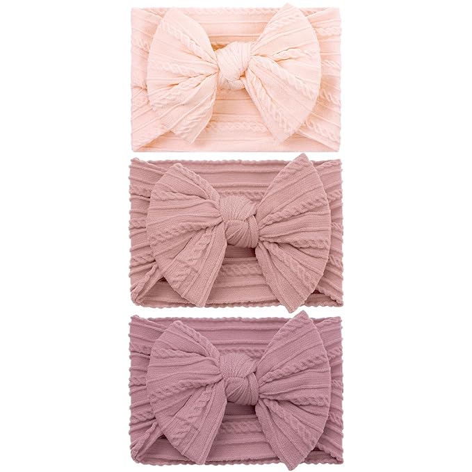 baotongle 3pcs Baby Girls Headbands Soft Stretchy Nylon Hair Bands Hair Accessories with Bows for Newborn Baby Girls Infant Toddlers Kids(Blush Pink,Dusty Rose，Magenta, 5.7inches)