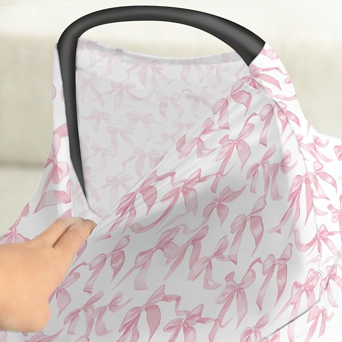Pink Valentine's Bows Car Seat Cover for Babies Girl Bows Stretchy 5-in-1 Cover Adjustable Infant Carseat Cover Canopy Breathable Baby's First Valentine's Day Nursing Cover-Up