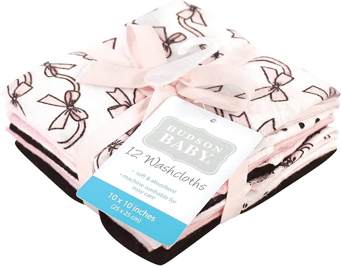 Hudson Baby Unisex Baby Flannel Cotton Washcloths, Pink Bows 12 Pack, One Size