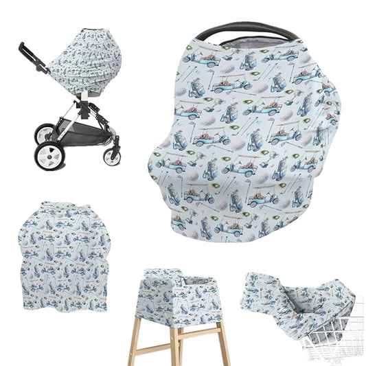 Baby Boy Girl 5-in-1 Car Cover Golf Gear Sport, Watercolor Blue Ball Glove Car Stick Multi-use Privacy Nursing Breastfeeding Cover, Carseat Canopy Newborn Infant Gift