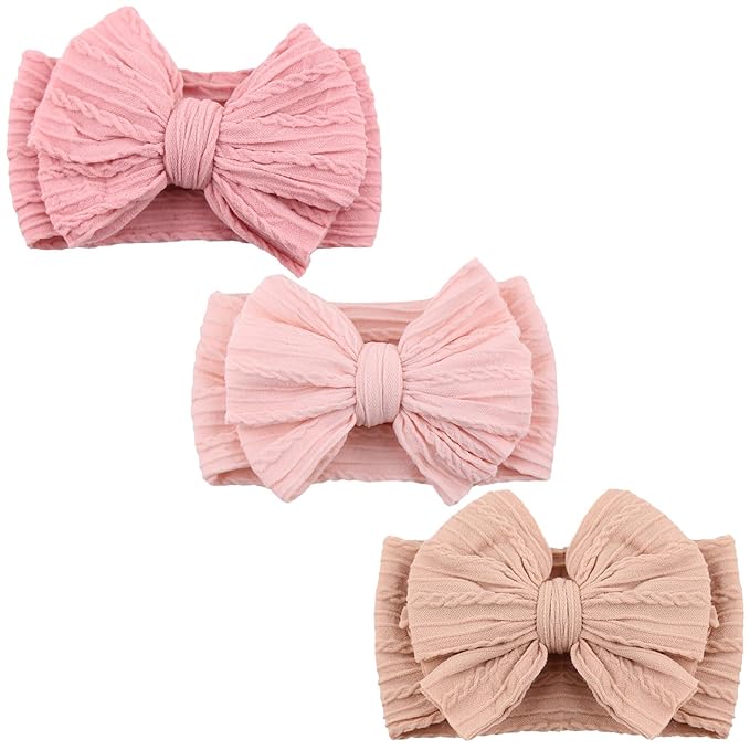 DRESHOW BQUBO Handmade Baby Headbands Soft & Stretchy Hair Bands with Bows Nylon Bows Hairbands for Girls Newborn Infant Toddlers Hair Accessories 3 pack