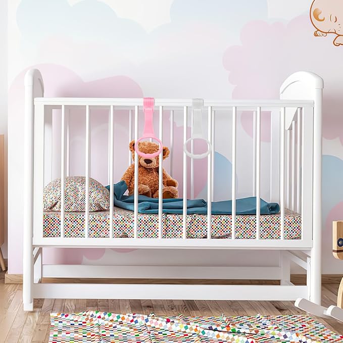 Homoyoyo 4 PCS Baby Pull up Rings: Baby Walking Exercises Assistant Rings,Play Gym Stand Up Assistant Bed -Infant to Stand Toys Crib Walking for Infant Toddler (Pink+White)