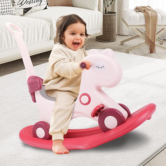 4 in 1 Rocking Horse for Toddlers 1-3 Years Old, Baby Rocking Toy Fun Birthday Gift for 1+ Girls, Ride on Toy with Detachable Balance Board and Footrest, Balance Bike with Push Handle, Pink
