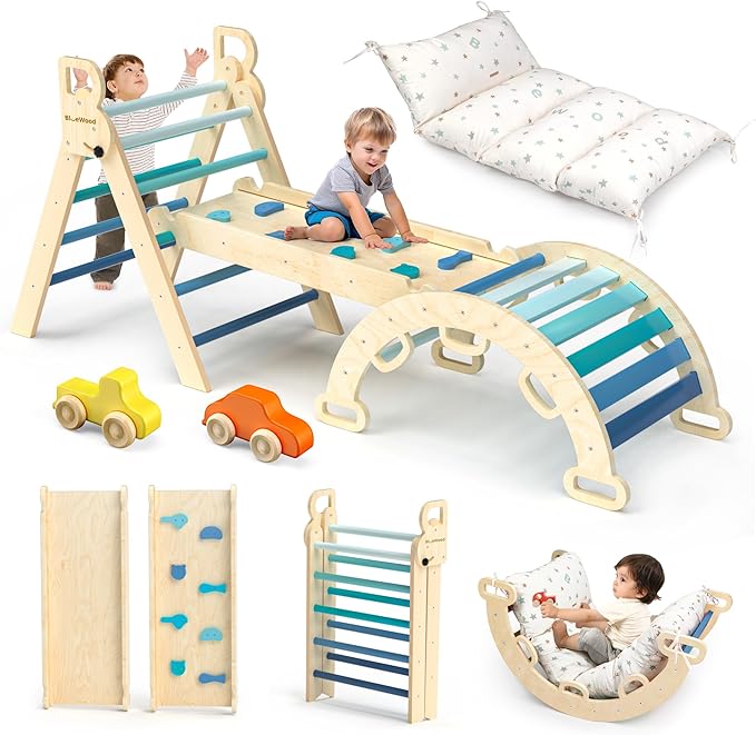 BlueWood Pikler Triangle Set with Cushion - Climbing Toys for Toddlers 9-in-1, Montessori Philosophy Play Jungle Gym with Arch, Ramp, Ladder (Blue)