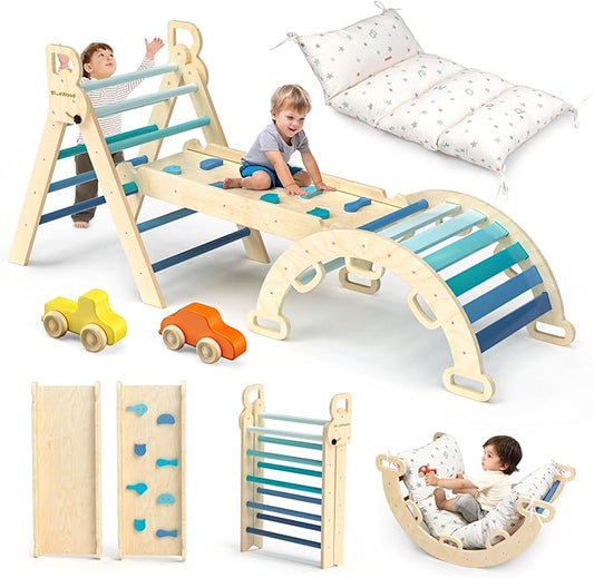BlueWood Pikler Triangle Set with Cushion - Climbing Toys for Toddlers 9-in-1, Montessori Philosophy Play Jungle Gym with Arch, Ramp, Ladder (Blue)