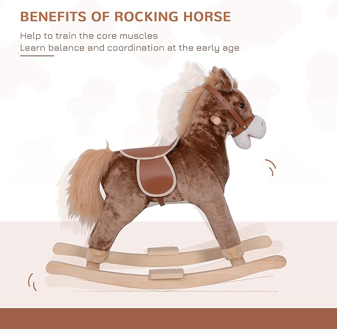 Qaba Kids Rocking Horse, Ride on Horse for Toddlers with Soft Plush Body, Wooden Base & Handle Grip for 3+ Year Old Boys and Girls, Brown