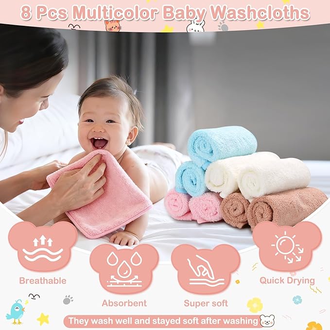 Sublaga 14 Pcs Baby Towels, Soft Baby Towel and Washcloths Set, 4 Pcs 32x32 in Hooded Bath Towel, 8 Pcs Baby Washcloths and 2 Pcs Cotton Baby Bibs for Newborns, Toddlers, and Kids for Boys and Girls