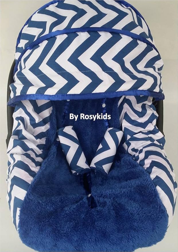 Rosy Kids Infant Carseat Canopy Cover 4pc Whole Caboodle, Baby Car Seat Cover and Canopy Cover Outdoor Traveling Kit, Navy Blue Chevron