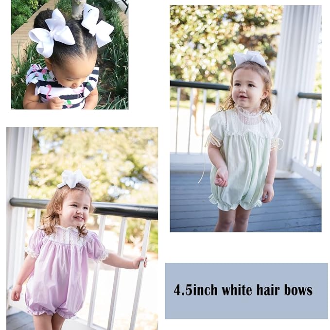 6 PCS 4.5" Grosgrain Ribbon Alligator Clips - Hair Bows for Toddler Girls and Kids (White)