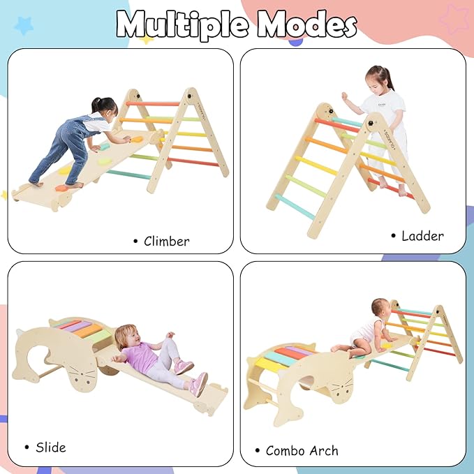 Olakids Pikler Triangle Set 7 in 1 Climbing Toys for Toddlers 1-3 Inside Foldable Wood Montessori Jungle Gym with Ramp Slide Arch Rocker Angle Adjustable Ladder Indoor Kids Playground Baby Climber