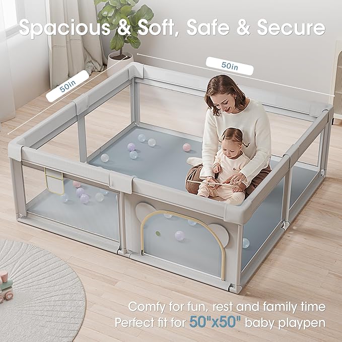 comehealthy Baby Play Mat for Floor, 50x50 Vegan Leather Playpen Mat, Thickened Foam Cushioned Mat for Infants and Toddlers, Waterproof, Non-Slip & Stylish Playmat for Babies, Easy to Clean, Blue
