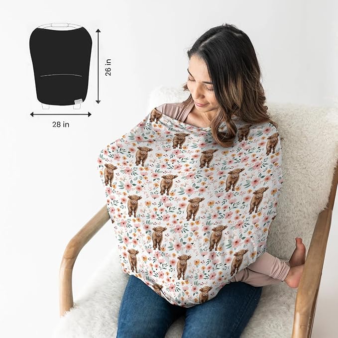 HawSkgFub Highland Cow Floral 5-in-1 Car Seat Cover for Baby Girl Cow Lover Gift, Western Cowgirl Retro Boho Flower Privacy Breastfeeding Nursing Cover, Newborn Infant Multi-use Carseat Canopy Carrier