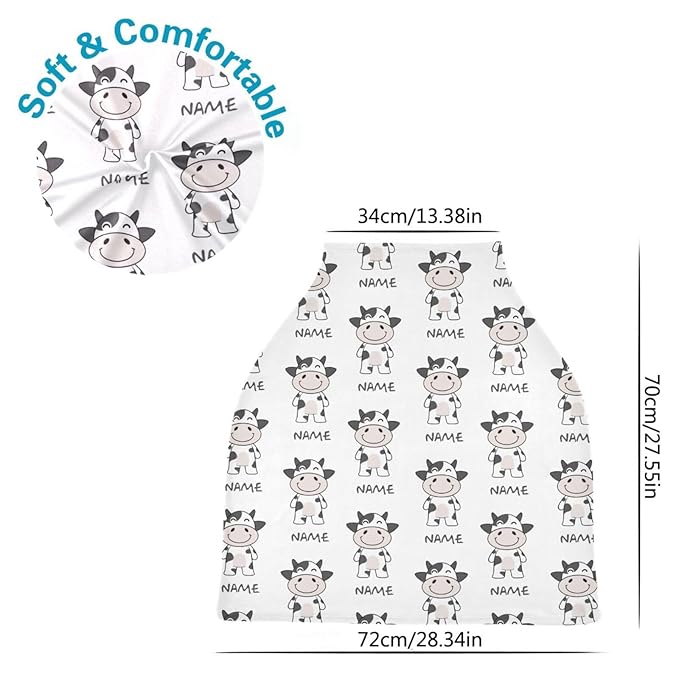 Personalized Baby Car Seat Cover for Babies, Custom Name Baby Car Seats Canopy for Boys Girls, Funny Cow Nursing Breastfeeding Stroller Covers for Infant Newborn, Shower Gift for Baby