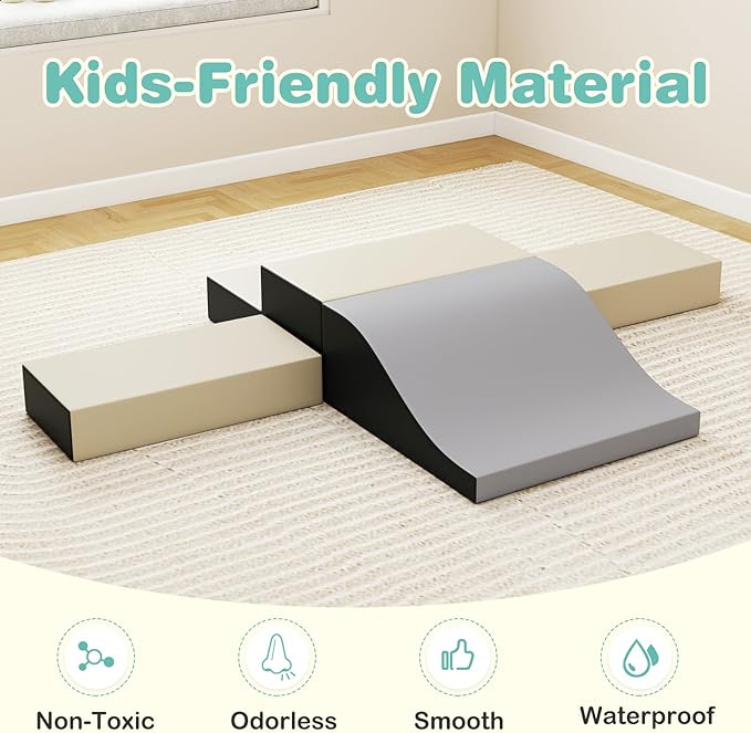 Olakids Toddler Climbing Toys Indoor, 10 Pieces Baby Foam Blocks Soft Play Set with PU Leather, Kids Climb Crawling Activity Gym Playground for 1+ Years (Gray)