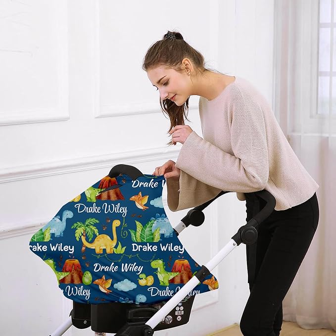 Personalised Car Seat Cover for Babies - Dark Green Horse Print Multi-use Carseat Canopy Cover with Name, Car Seat Covers, Birthday Gifts for Infant Boys and Girls (27"x29")