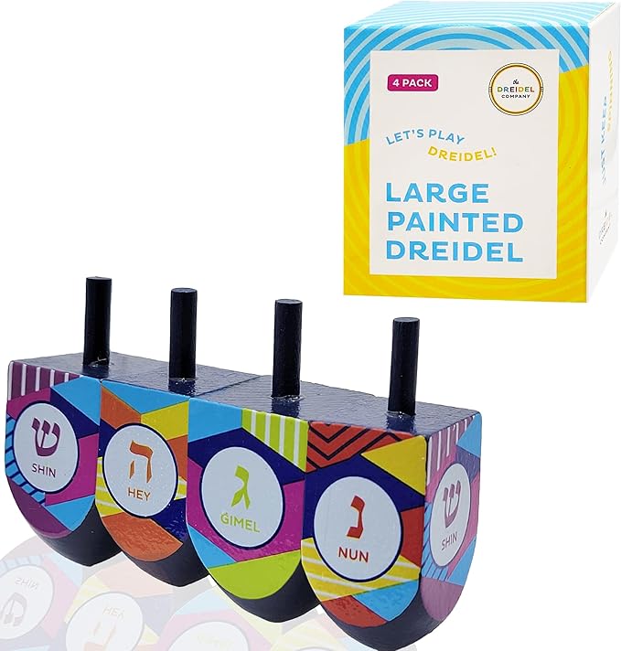The Dreidel Company Extra Large Hand Painted Wood Hanukkah Dreidels, 4-Pack Retro Dreidel Design