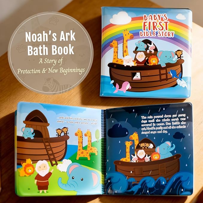 Noah's Ark Baptism Gifts, 7-Piece Christening Gift Set with Hygienic Sealed Bath Toys, Soft Hooded Lamb Towel, Storybook & Washcloth for Newborn Dedication, Baby Shower & Religious Gift