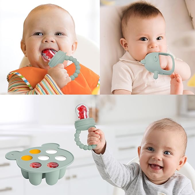6-in-1 Baby Fruit Feeder Pacifier & Baby Food Feeder Set – Silicone Breastmilk Popsicle Mold with Freezer Tray, Teething Relief Toy, BPA Free Infant Feeder, 3 Sizes (S/M/L) Sacs (Pea Green)