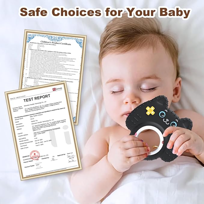 Teething Toys for Baby, Sensory Baby Chew Toy, Rattle Ring Teether Toys for Babies 0-3-6-12 Months, Silicone TV Remote Control Shape for New Baby Gift (Black)