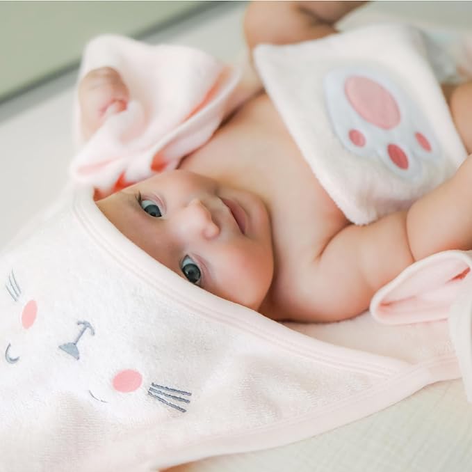 CuddleBug Premium Hooded Baby Bath Towel & Washcloth Set (Bear) - 100% Cotton Terrycloth Hooded Baby Towels for Newborn & Toddler - Super-Soft & Absorbent, Newborn Essentials (33" x 33") - White Lamb