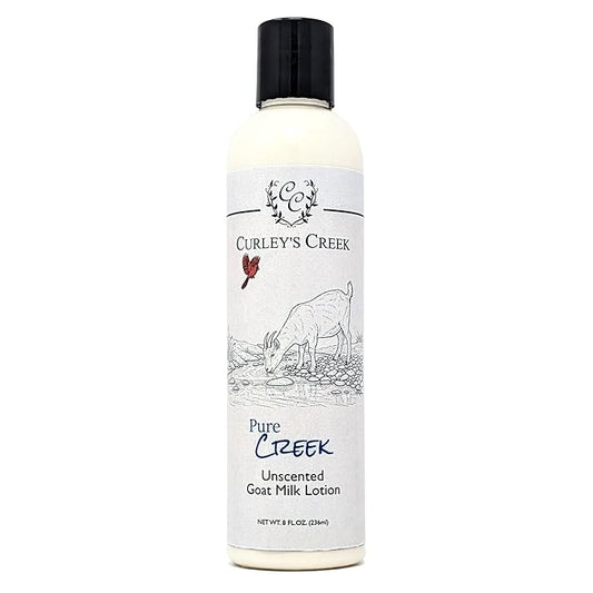 Curley's Creek Goat Milk Lotion | Handmade Natural Skincare | 4 ounce & 8 ounce 8 ounce, Pure Creek (Unscented)