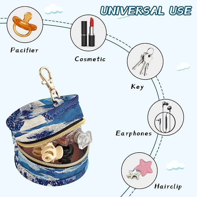 Pacifier Holder with Clip Pacifier Case for Diaper Bag Round Baby Pacifier Pouch Box Bag Portable Deep Blue Sea Waves