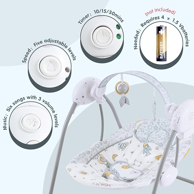 Portable Baby Swing for Infants, Compact & Foldable Infant Swing with 5-Speed Swing,Music, Timer, Cushioned Seat, Battery Operated, 0-9 Months 6-20 lbs,SG2403