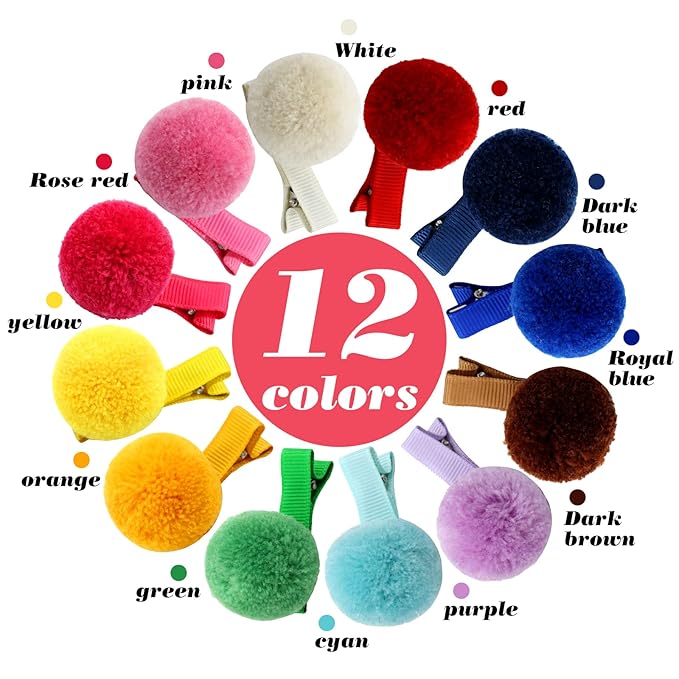 Cinaci Hair Clips, 24 Pack 1.2 Inch Candy Colorful Pom Pom Alligator Hair Clips with Small Cute Puffy Fuzzy Pompoms, Hair Accessories for Baby Girl Infant Toddler Kids