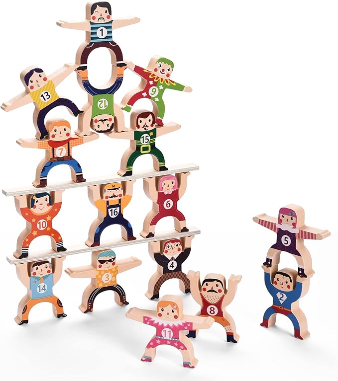 moopok Wooden Stacking Toys,16Pcs Circus Hercules Acrobatic Troupe Interlock Toy,Balancing Building Blocks Game Toddler Puzzle Toys,for 3 4 5 6 Years Old Kids Adults