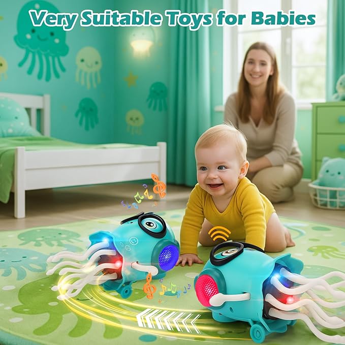 Vodolo Magic Electric Dancing Jellyfish Toy with Led Light and Music,Playful Automatic Steer Crawling Dancing Baby Toy with Smart Tentacle Explorer,Dancing Octopus Toy,Tummy Time Toys,Orange
