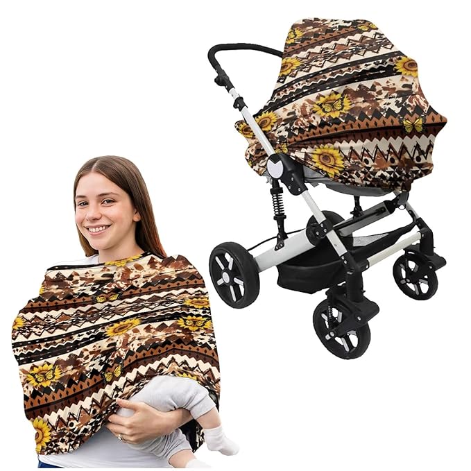 2 Piece Car Seat Covers with U-Shaped Pillowcase, Sunflower Aztec Print Multi-use Cover Carseat Canopy, Breathable Breastfeeding Cover for Babies, Boys & Girls Shower Gifts