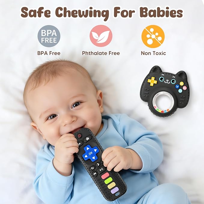 2 Pack Teething Toys for Babies 0-6 6-12 Months, Food Grade Silicone Remote Control Rattle Teether Toy, BPA Free Sensory Chew Toys, Baby Gifts and Newborn Toys