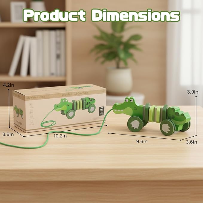 Baby Toys Car,Wooden Pull Along Toddler Toy, Developmental Toy for 1 Year Old Girl Boy Birthday Gift (Crocodile)