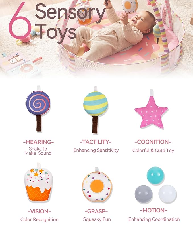 4-in-1 Baby Play Mat & Baby Play Gym,Baby Girl Play Mat Activity Gym, Pink Donut Tummy Time Mat for Babies and Toddlers, Infant Activity Center for Newborn to Develop Motor Cognition