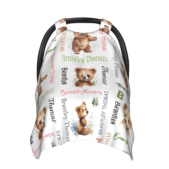 Personalized Baby Car Seat Canopy Minky Bear Baby Blanket Custom Name Baby Car Seat Cover Girls Boys Infant Newborn Carseat Canopy Nursing Cover for Stroller Car Seat Canopies