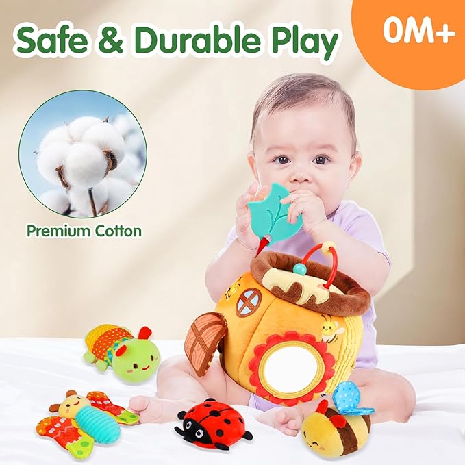 Thremhoo Baby Toys 6-12 Months - Soft Beehive with 5 Stuffed Animals, Rattle, Crinkle, Mirror, Montessori Sensory Toys for Babies 6 7 8 9 10 Months Old Baby Boy Girl Shower Gifts Ages 0-2
