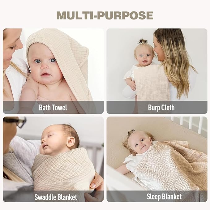 Cinaci 1pc Soft & Absorbent 100% Muslin Cotton Baby Hooded Bath Towel for Baby Girls Boys Newborns Infants Toddlers Kids (Cream)