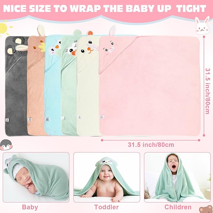 SmoothNovelty 6 Pack Baby Hooded Towels Infants and Toddlers Coral Fleece Baby Bath Towels 31.5 x 31.5 Inch Absorbent Cute Soft Newborn Bath Essentials Gifts for Boys & Girls(Multicolor,Vivid)