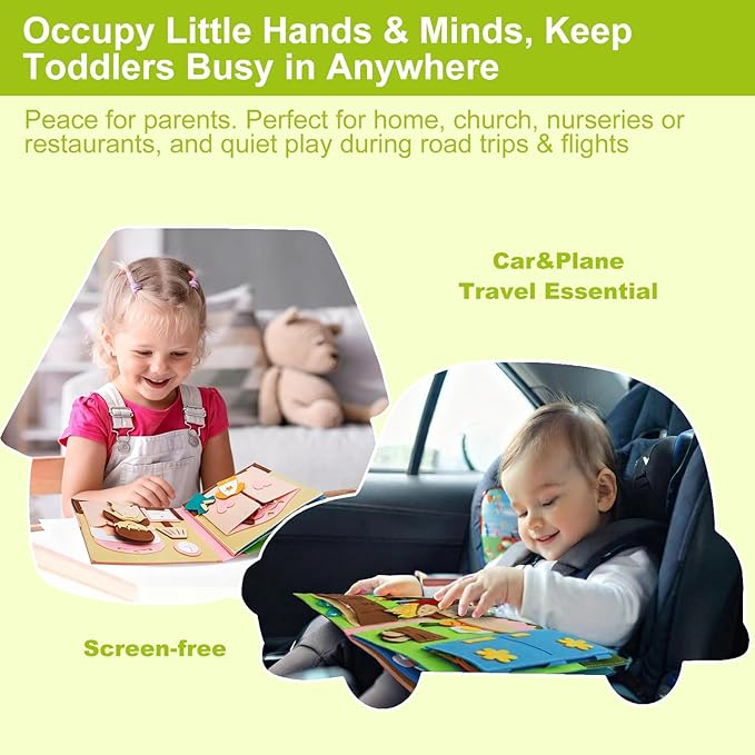 Felt Busy Book for Toddlers 1-3, Montessori Busy Board for 1 Year Old, Quiet Book Airplane Travel Toys, Sensory Early Learning Educational Toy, Road Trip Activity Books, Girls Birthday Gifts