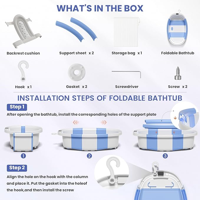 Collapsible Baby Bathtub with Soft Cushion and Thermometer, Newborn to Toddler Tub 0-36 Months with Toy Storage Mesh Bag, Portable Travel Bath for Infants (Blue)