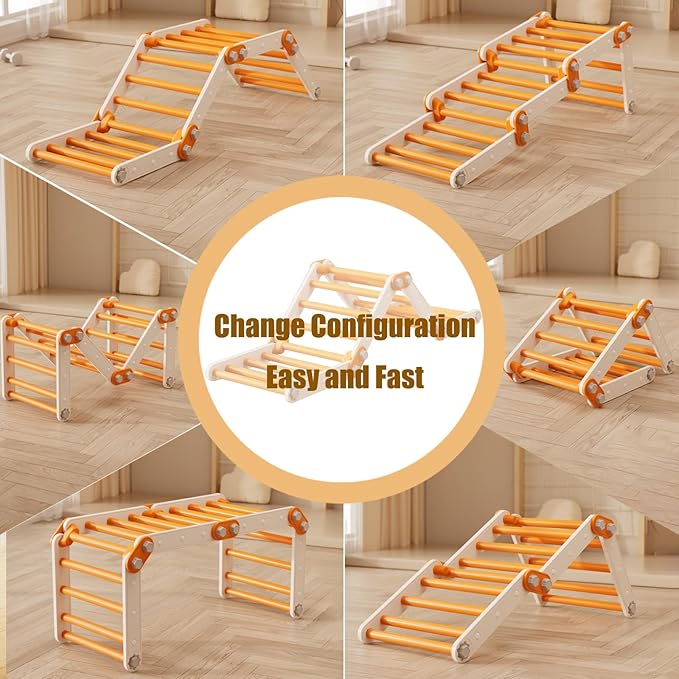 Toddler Climbing Toys,Kids Pikler Triangle Set,Montessori Indoor Play Gym,Multifunction Foldable Indoor Climbing Gym for Kids(Orange)