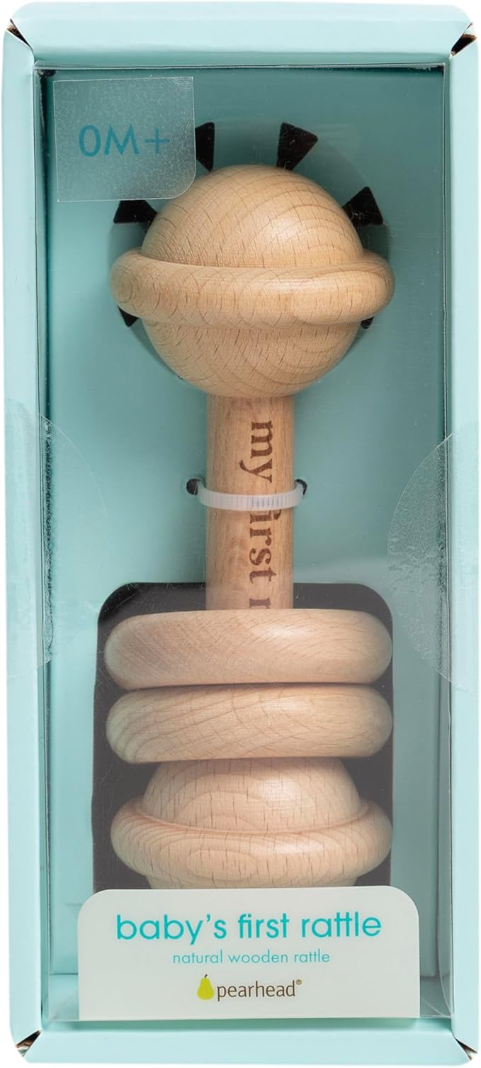 Pearhead Wooden Baby Rattle & Teether – Laser-Engraved Keepsake, Natural Beechwood, Montessori Sensory Toy Develops Fine Motor Skills & Hand-Eye Coordination, Newborn Gift, 0+ Months