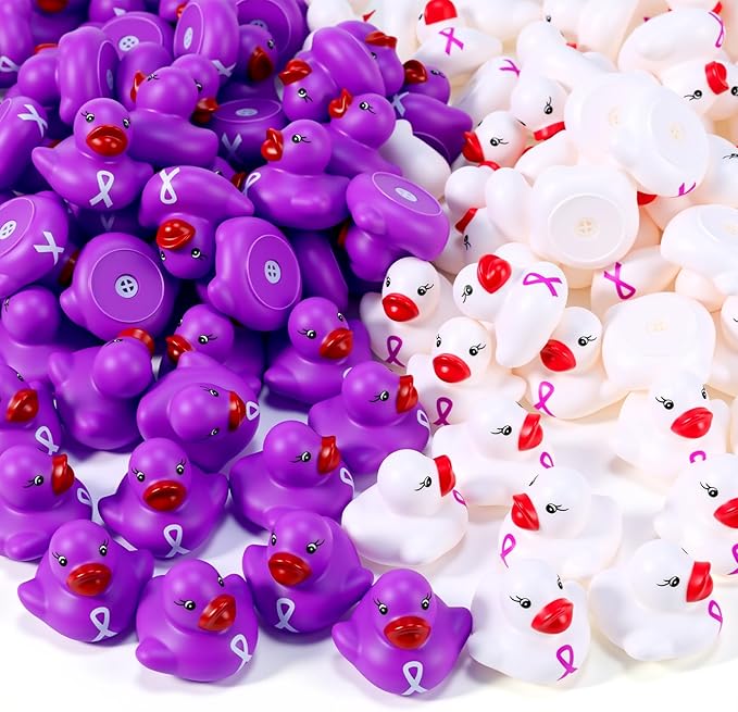 Lunmon 200 Pcs Purple and White Rubber Ducks Cervical Health Alzheimers Awareness Product Domestic Violence Awareness Ribbon Duck Float Mini Bath Toy Bulk Pancreatic Cancer for Charity Event Supplies