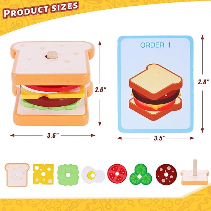 LovesTown Wooden Sandwich Stacking Toys for Kids, Preschool Learning Toys with Cards, Montessori Educational Playset