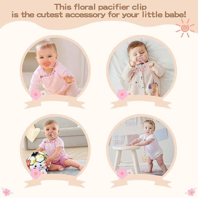 Pacifier Clips Baby Girls Floral Daisy Binky Clips Pacifier Holder Boho Wooden Clips Macrame Paci Clip Handmade Braided Cotton Pacifier Strap Pink
