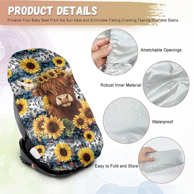 Car Seat Cover Baby Car Seat Sun Shade Cover - Highland Cow Leopard Sunflower Car Accessories Keep Your Baby's Carseat at a Cooler Temperature - Covers and Blocks Out Heat & Sun